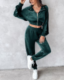 Women Turndown Collar Zipper Velvet Hoodies And Casual Sweatpants Two-Piece Set
