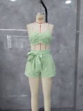 Women Green Cuffed Long Sleeve Shirt + Suspender Crop Top and Lace-Up Shorts Three Piece