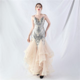 Women Sequin Patchwork Mesh Evening Dress