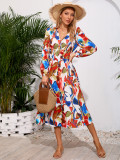 Women's Chic Print Slim Waist Long Sleeve Midi Casual Dress