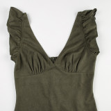 Vintage Olive Green Ruffled Patchwork Flying Sleeve Dress Chic V-Neck Slim Waist  A-Line Long Dress