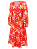 Women's Chic Print Slim Waist Long Sleeve Midi Casual Dress