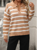 Autumn And Winter Women's Fashion Stripe Turndown Collar Loose Knitting Sweater