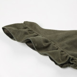 Vintage Olive Green Ruffled Patchwork Flying Sleeve Dress Chic V-Neck Slim Waist  A-Line Long Dress