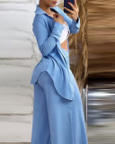 Women slit Turndown Collar long-sleeved shirt and wide-leg pants two-piece set