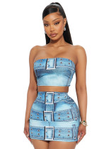 Women Printed Strapless Top and Skirt Sexy Two-piece Set