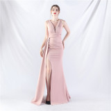 Women Pleated Satin Evening Dress