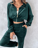 Women Turndown Collar Zipper Velvet Hoodies And Casual Sweatpants Two-Piece Set
