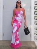 Women Floral Printed Sexy Backless Slit Suspender Bodycon Maxi Dress