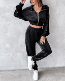 Women Turndown Collar Zipper Velvet Hoodies And Casual Sweatpants Two-Piece Set