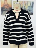 Autumn And Winter Women's Fashion Stripe Turndown Collar Loose Knitting Sweater