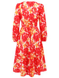 Women's Chic Print Slim Waist Long Sleeve Midi Casual Dress