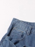 Women Lace-Up Pocket Wide Leg Straight Denim Pants