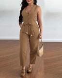 Women Sleeveless Vest and Lace-Up Cropped pants two-piece set