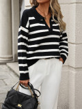 Autumn And Winter Women's Fashion Stripe Turndown Collar Loose Knitting Sweater