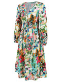 Women's Chic Print Slim Waist Long Sleeve Midi Casual Dress