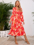 Women's Chic Print Slim Waist Long Sleeve Midi Casual Dress