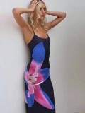 Women Floral Printed Sexy Backless Slit Suspender Bodycon Maxi Dress