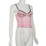 Women Sexy Sweet Ruffles Contrast Color Suspender Drawstring Mesh See-Through Top