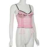 Women Sexy Sweet Ruffles Contrast Color Suspender Drawstring Mesh See-Through Top
