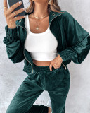 Women Turndown Collar Zipper Velvet Hoodies And Casual Sweatpants Two-Piece Set