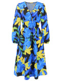 Women's Chic Print Slim Waist Long Sleeve Midi Casual Dress