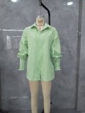 Women Green Cuffed Long Sleeve Shirt + Suspender Crop Top and Lace-Up Shorts Three Piece