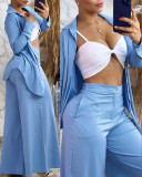 Women slit Turndown Collar long-sleeved shirt and wide-leg pants two-piece set