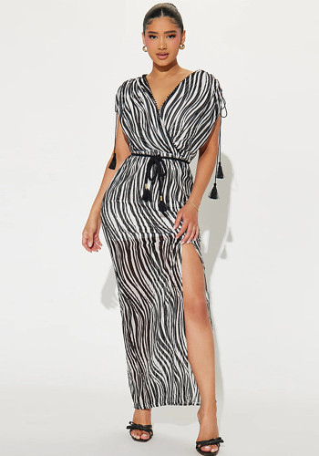 Women's zebra pattern short-sleeved v-neck high waist slit sexy nightclub dress
