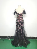 feather sequin Patchwork Mesh luxury evening dress