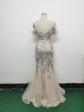 feather sequin Patchwork Mesh luxury evening dress