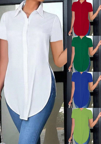 Summer fashion turndown collar ladies solid color short sleeve slim shirt