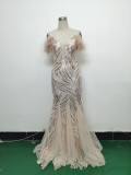 feather sequin Patchwork Mesh luxury evening dress