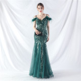 feather sequin Patchwork Mesh luxury evening dress