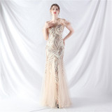 feather sequin Patchwork Mesh luxury evening dress