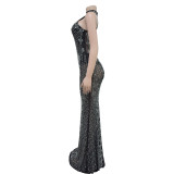 Fashionable Women's Solid Color Mesh Beaded Long Dress