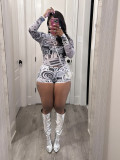 Sexy PrintMesh Round Neck Casual Long Sleeve Slim top Shorts Set