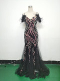 feather sequin Patchwork Mesh luxury evening dress