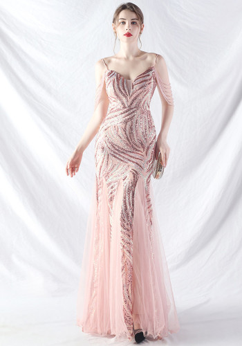 Sequin Patchwork Mesh strap luxury evening dress