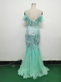 feather sequin Patchwork Mesh luxury evening dress