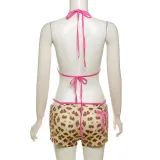 Summer women's contrast strap leopard print bra high waist Bodycon Shorts Set