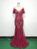 feather sequin Patchwork Mesh luxury evening dress