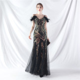 feather sequin Patchwork Mesh luxury evening dress