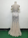 feather sequin Patchwork Mesh luxury evening dress