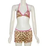 Summer women's contrast strap leopard print bra high waist Bodycon Shorts Set