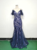 feather sequin Patchwork Mesh luxury evening dress