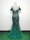 feather sequin Patchwork Mesh luxury evening dress