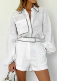 Casual Fashion Women's Summer Linen Black White Contrast long sleeve Shirt Shorts Two-Piece Set