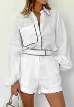 Casual Fashion Women's Summer Linen Black White Contrast long sleeve Shirt Shorts Two-Piece Set