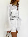 Casual Fashion Women's Summer Linen Black White Contrast long sleeve Shirt Shorts Two-Piece Set